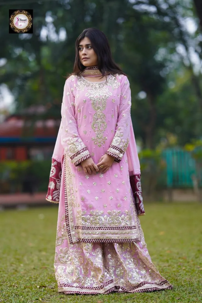 Fox Georgette Sequin Embroidery Three Piece with Sharara