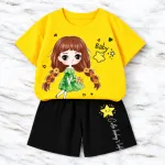Cute Doll Printed Baby Girls' T-Shirt & Shorts Set - Bright Yellow