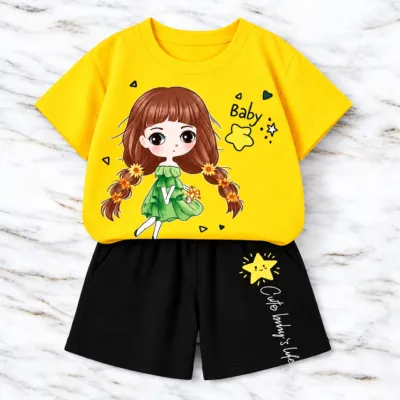 Cute Doll Printed Baby Girls' T-Shirt & Shorts Set - Bright Yellow