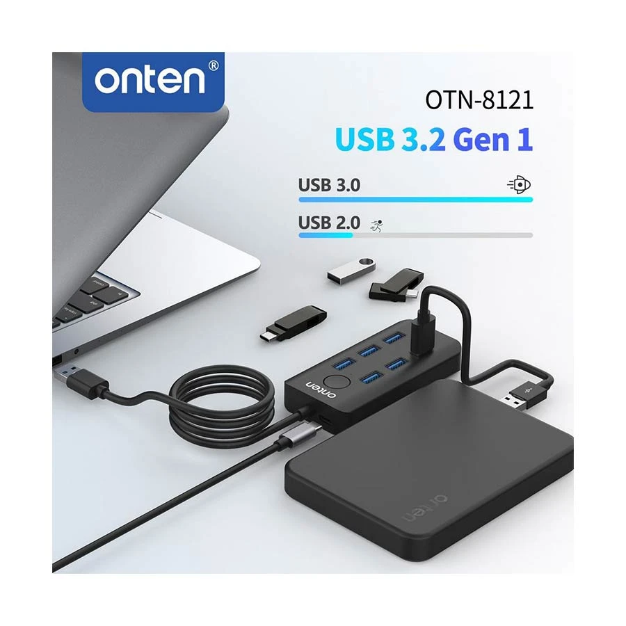 Onten OTN-8121 USB Male to 6 USB & LAN Female Black Converter