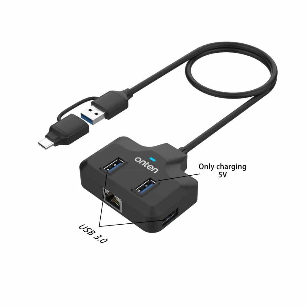 Onten OTN-UCA5311 USB/USB-C to Quad USB & LAN Black Converter