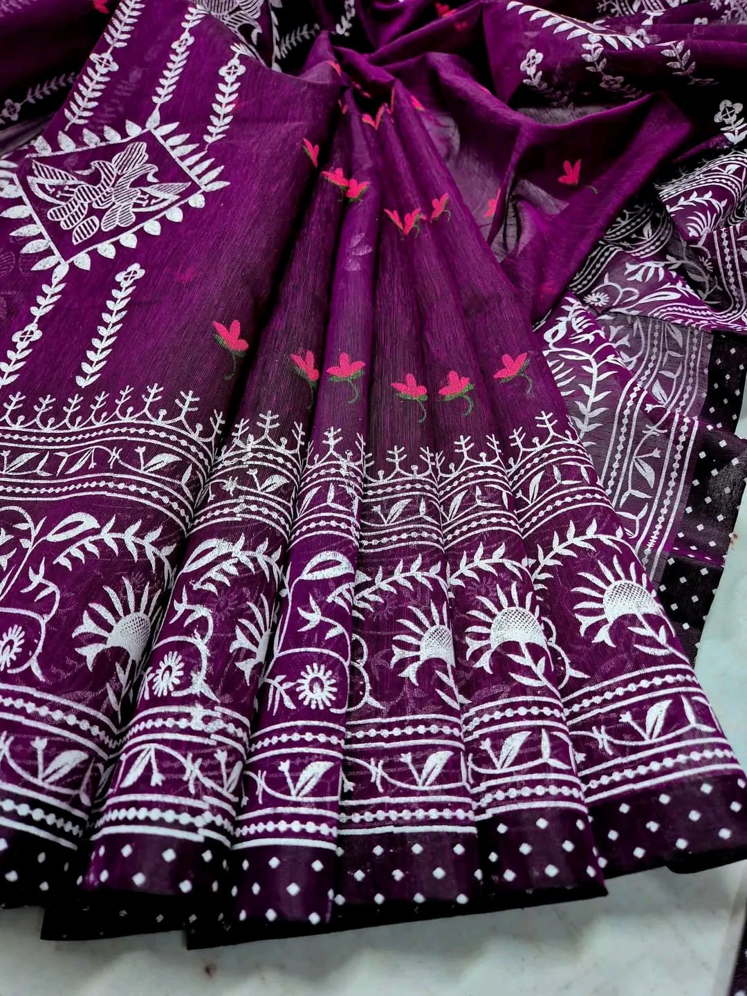 Half Silk Screen Print Saree for Puja and Festivals, 4 Colours