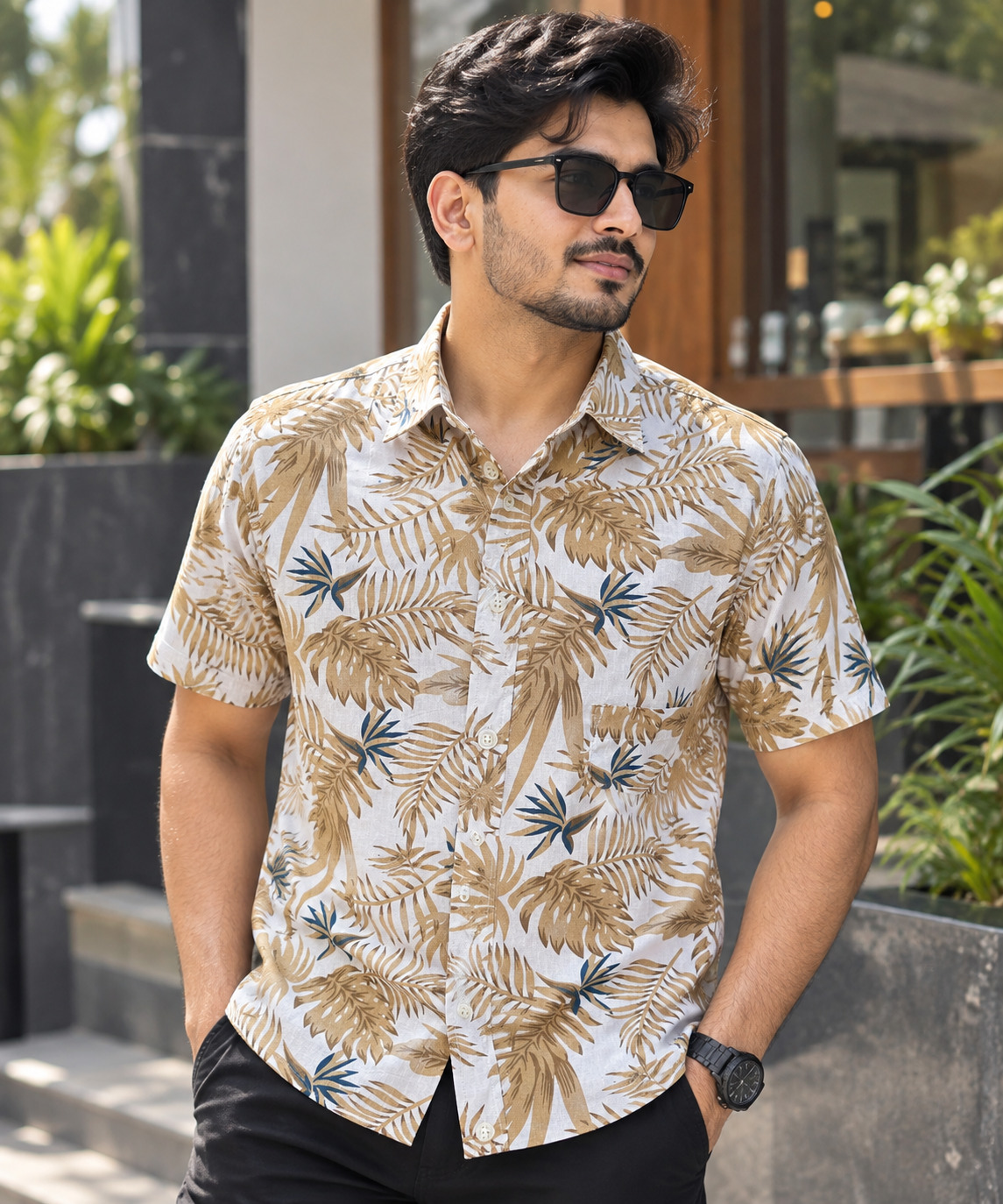 Men's Cotton Half Sleeve Print Shirt with Single Pocket