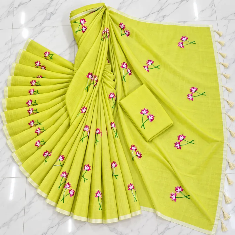 Exclusive Lime Green Cotton Embroidered Saree with Running Blouse Piece