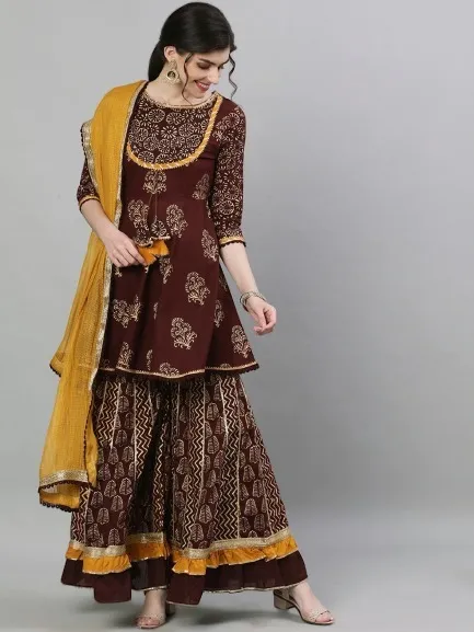 Women's AC Cotton Three Piece with Printed Butterfly Sharara
