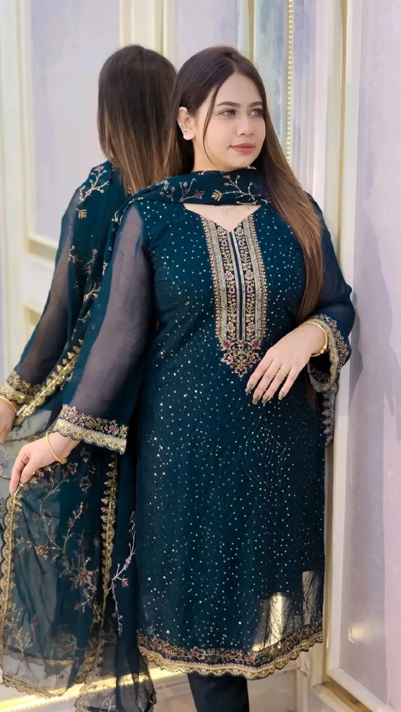 Faux Georgette Embroidered Four Piece Set with Micro Silk Salwar