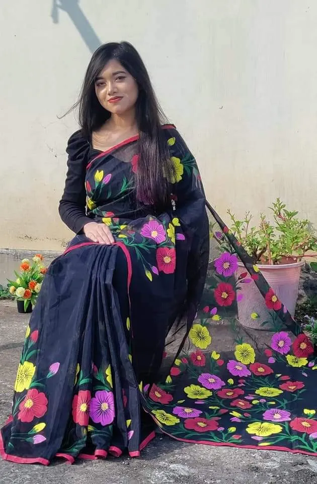 Hand Paint Brush Work Half Silk Saree in 6 Shades