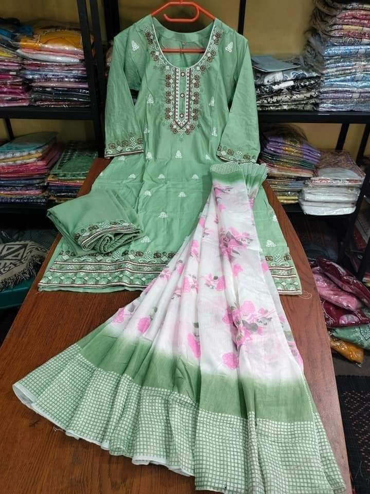 Women's Embroidered Rayon Cotton Three Piece, Half Silk Orna