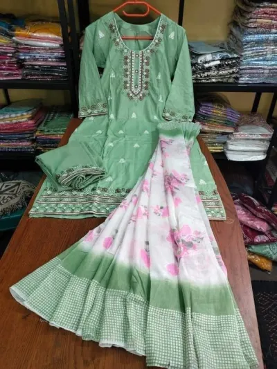 Women's Embroidered Rayon Cotton Three Piece, Half Silk Orna