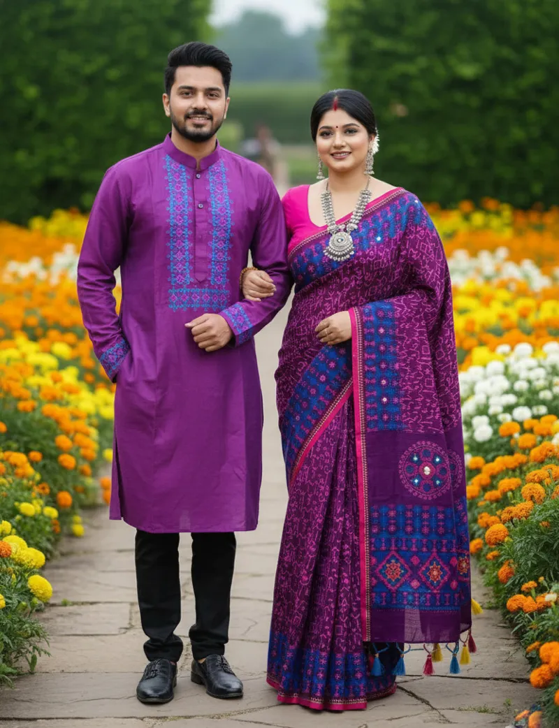 Couple Boutique Silk Saree and Panjabi Set, 13.5 Haath Saree