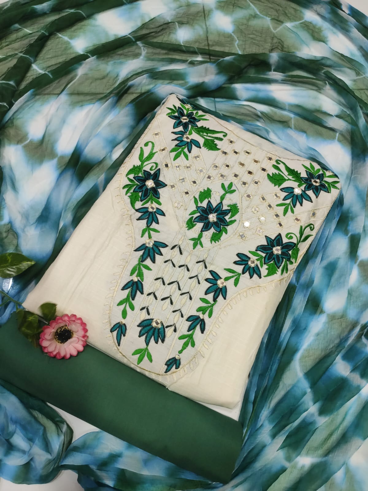 Viscose Slub Cotton Three Piece with Manual Embroidery, Batik Orna