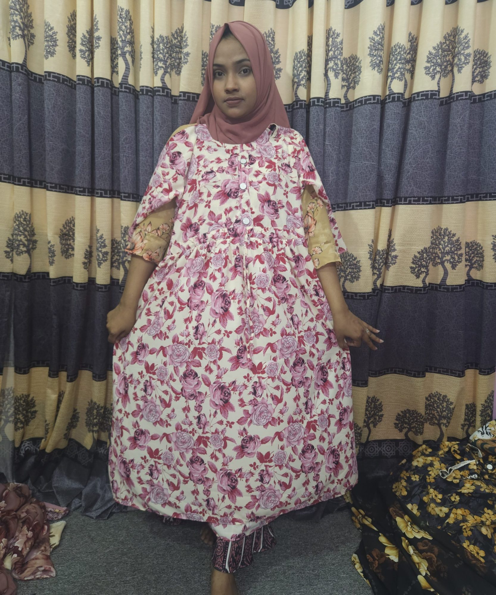 Cherry Fabric One Piece Dress, Free Body Size, Length 38-42