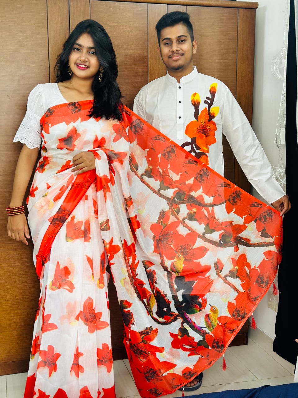 Digital Print Saree and Dhupian Panjabi Couple Set, 12 Haath