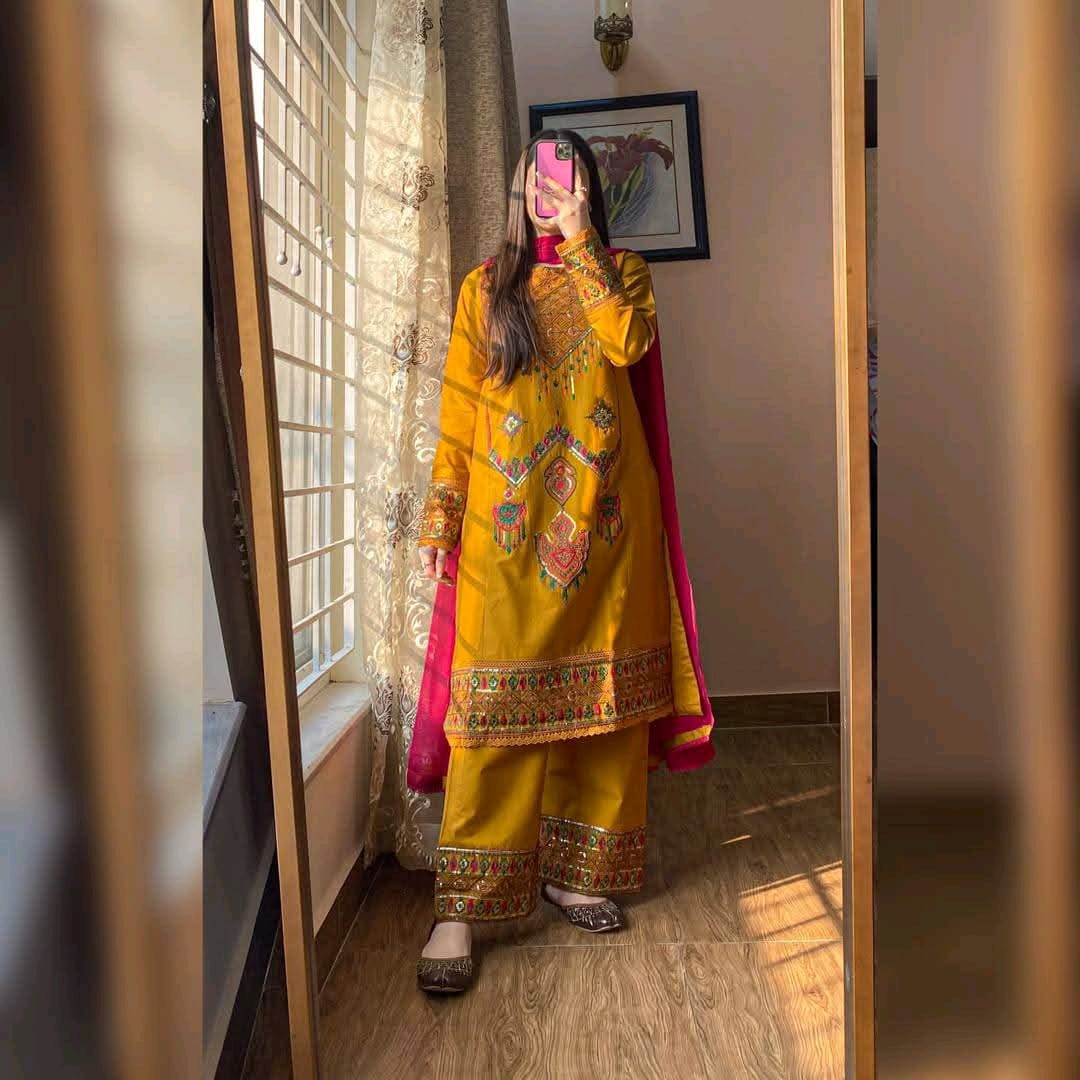Women's Soft Cotton Embroidered Three Piece with Chiffon Orna