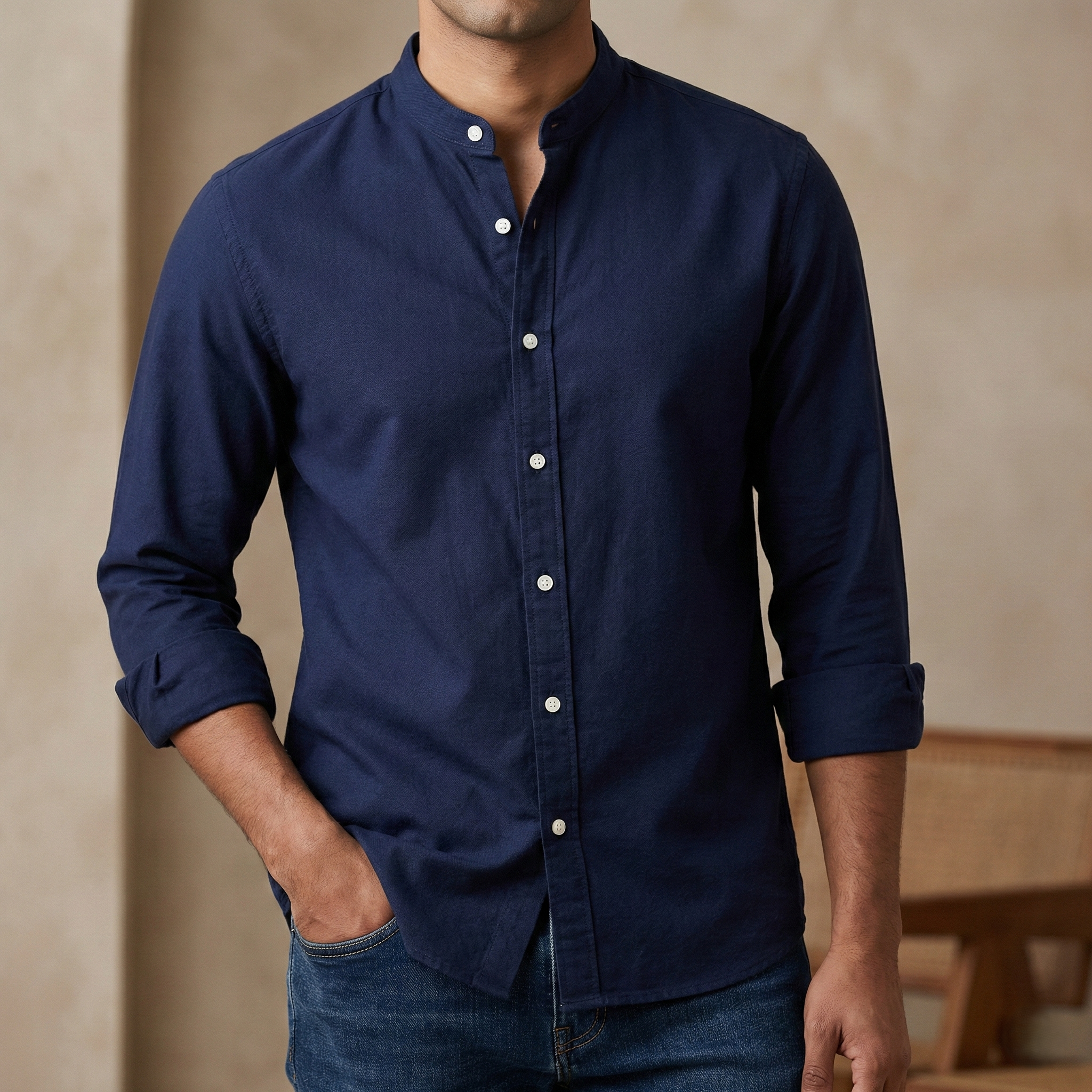 Men's Solid Colour Ban color Shirt (Navy)