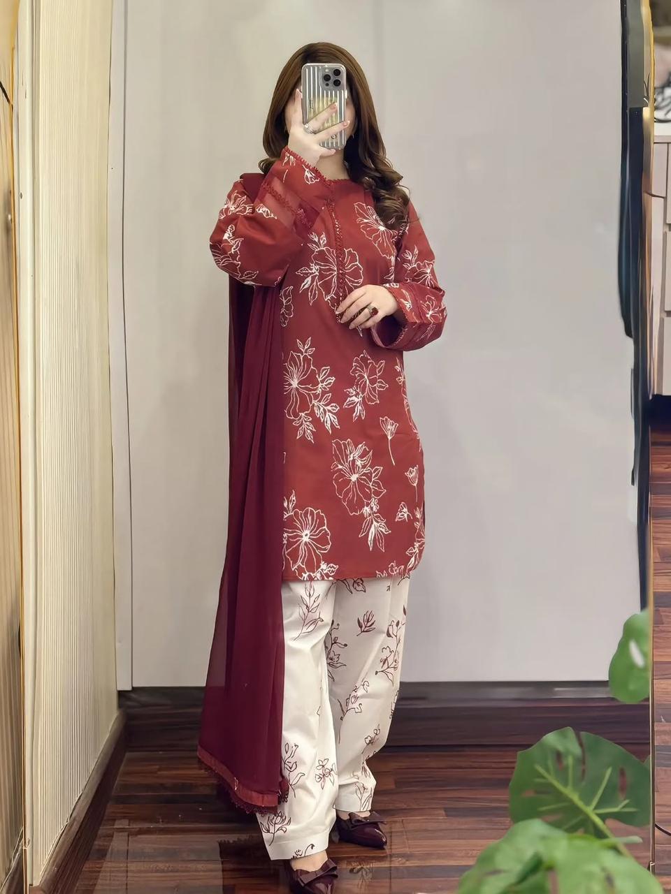 Women's Cotton Skin Print Three Piece with Lace, Sizes L to XXL