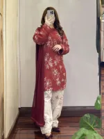 Women's Cotton Skin Print Three Piece with Lace, Sizes L to XXL