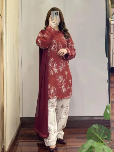 Women's Cotton Skin Print Three Piece with Lace, Sizes L to XXL