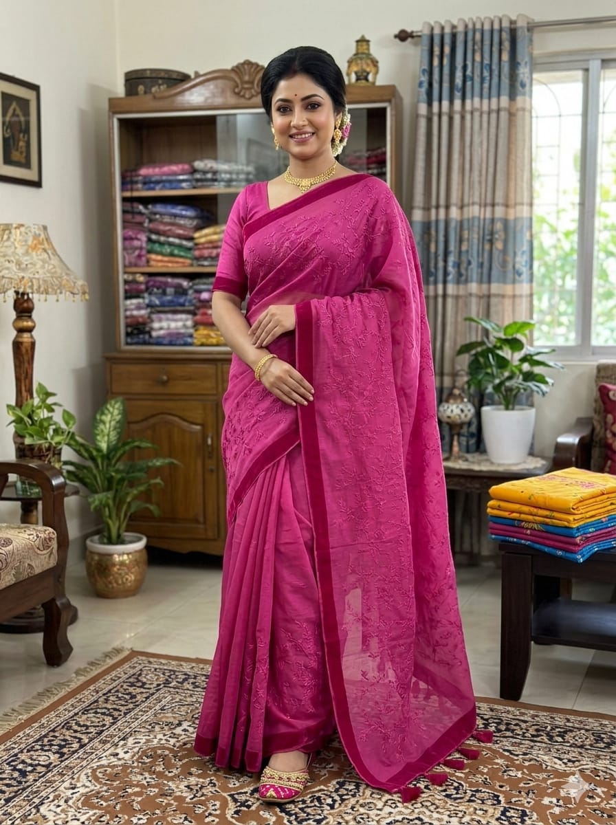 Half Silk Saree with Full Embroidery, Without Blouse Piece