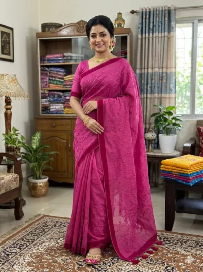 Half Silk Saree with Full Embroidery, Without Blouse Piece