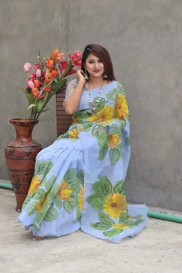 Brush Painted Half Silk Saree, Hand Work in 6 Colours
