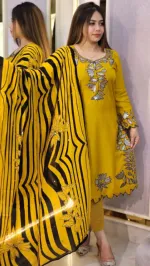 Linen Sequin Embroidery Three Piece with Cotton Orna, 38 to 44
