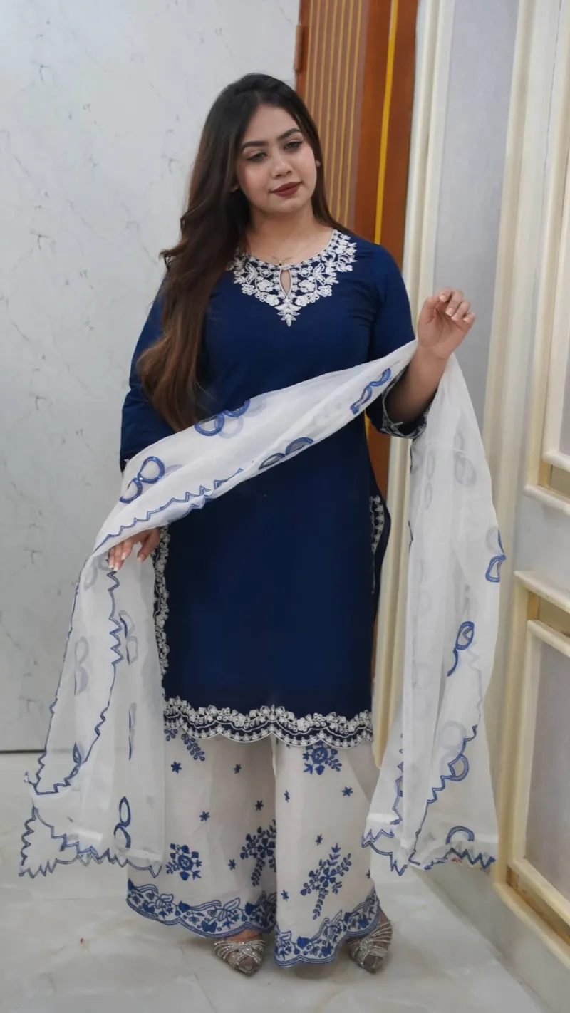 Blue White Design Cotton Garara Dress with Embroidered Georgette Orna