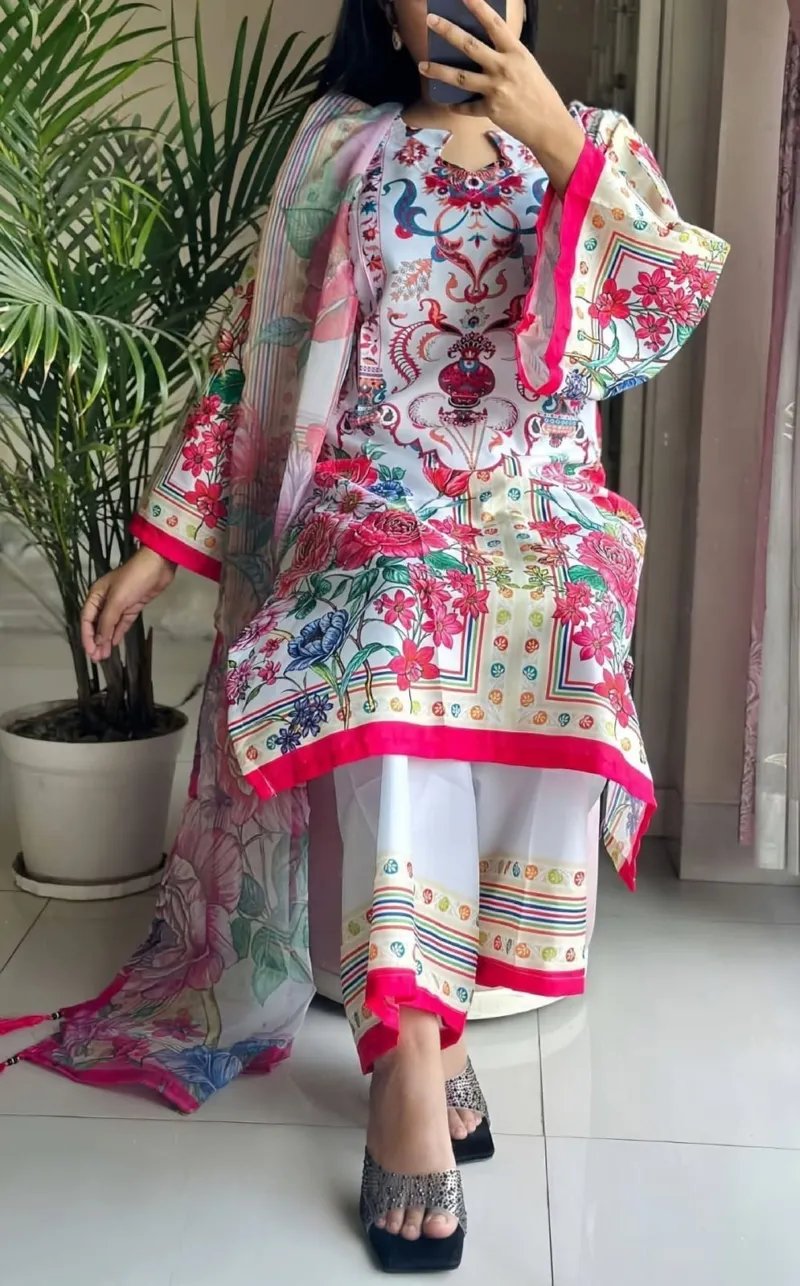 AC Cotton Screen Print Three Piece with Butter Silk Salwar