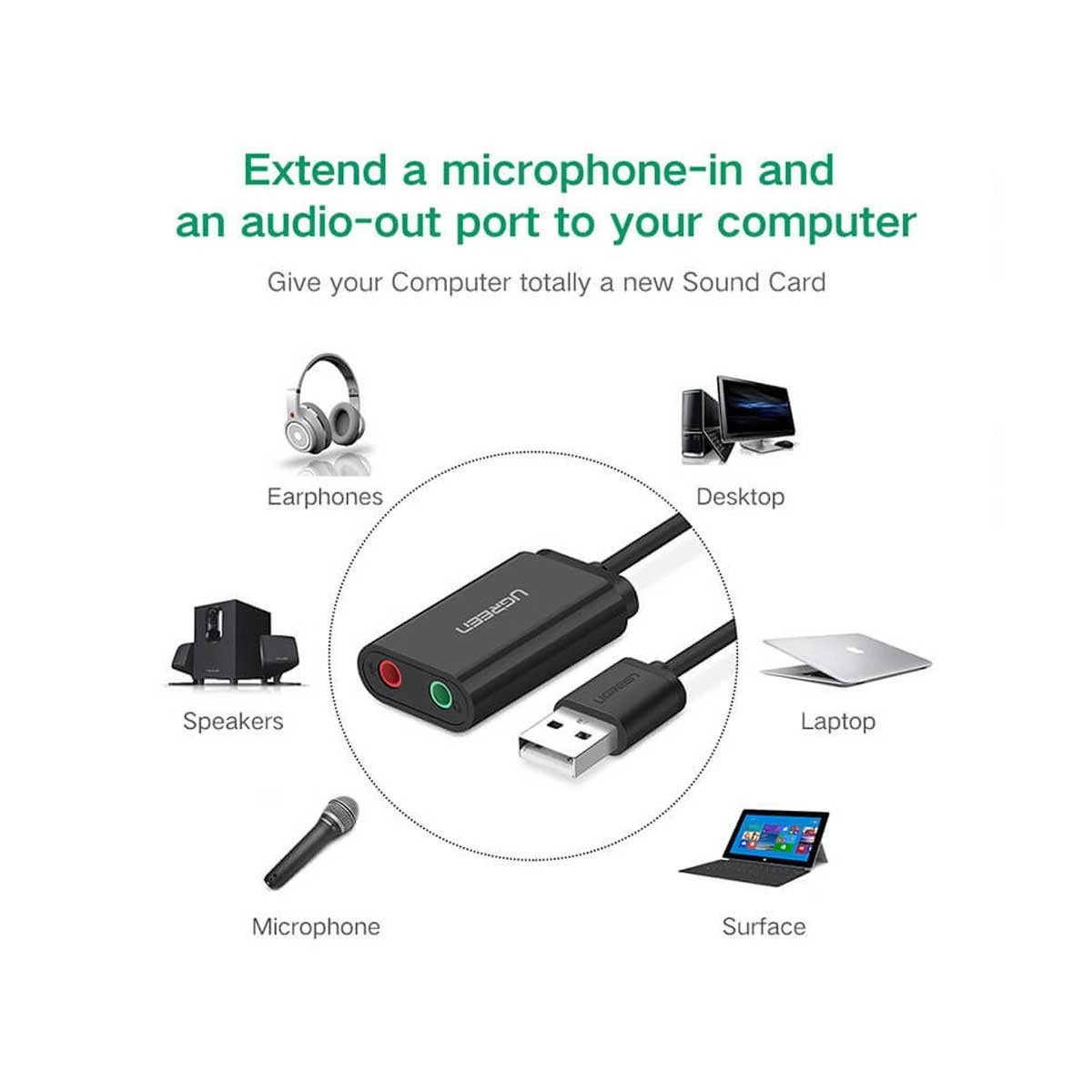 UGREEN 30724 USB Male to Dual 3.5mm Female Black Audio Converter