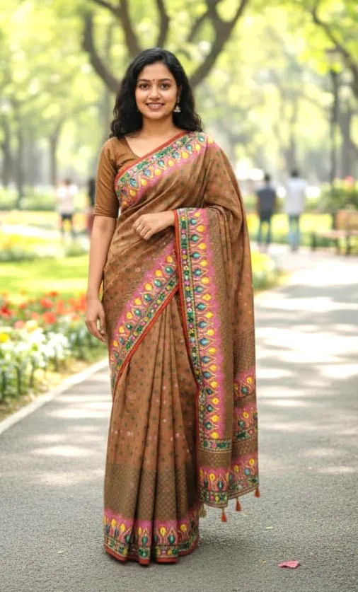 Screen Print Silk Saree with Tassels and Running Blouse Piece