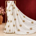 Pristine Off-White Organza Saree with Golden Zari Floral Embroidery
