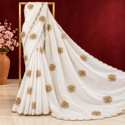 Pristine Off-White Organza Saree with Golden Zari Floral Embroidery