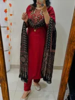 Women's Slub Cotton Three Piece with Heavy Chest Embroidery