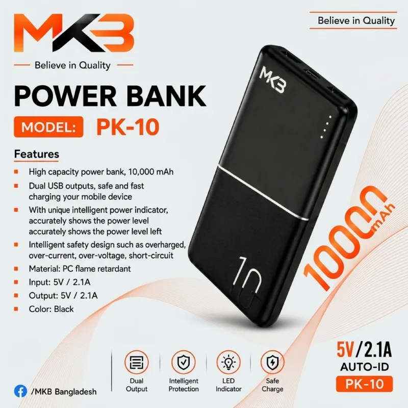 MKB PK10 10000mAh Power Bank with Dual USB Output