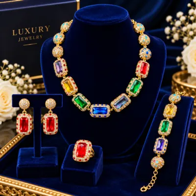Premium Bridal Multicolor Rectangular Stone Jewelry Set