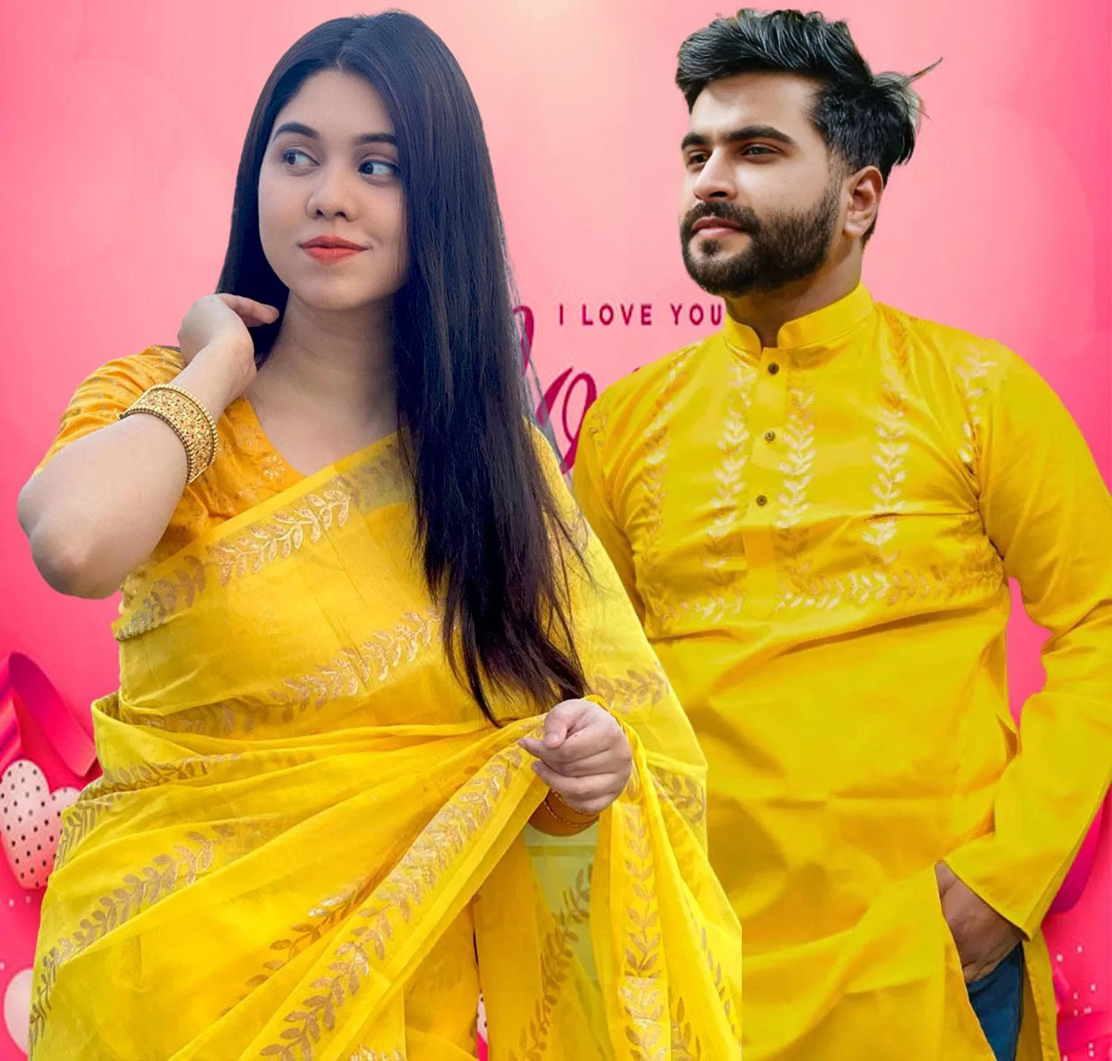 Semi Muslin Saree and Dhupian Silk Panjabi Couple Set