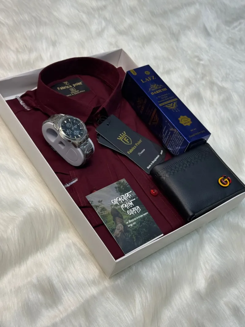 Men's Cotton Shirt, Watch and Perfume Gift Box Set, Sizes M to XL