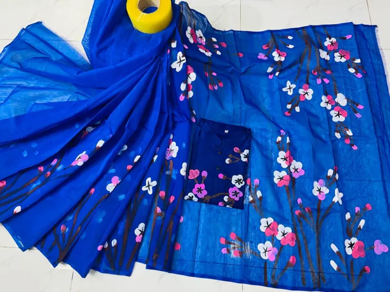 Hand Brush Print Couple Dress, Half Silk Saree and Dhupian Panjabi