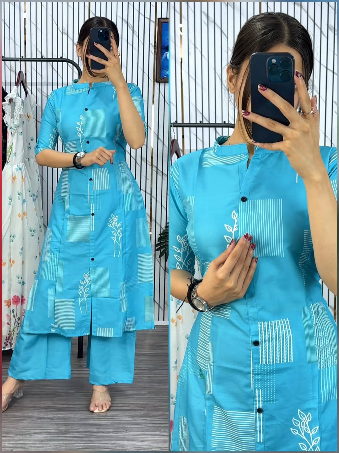 Women's Button Front Cotton Kurti and Pant Set