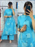 Women's Button Front Cotton Kurti and Pant Set