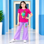 Cute Summer Tropical Drink Art Two-Piece Set with Purple Bell-Bottoms