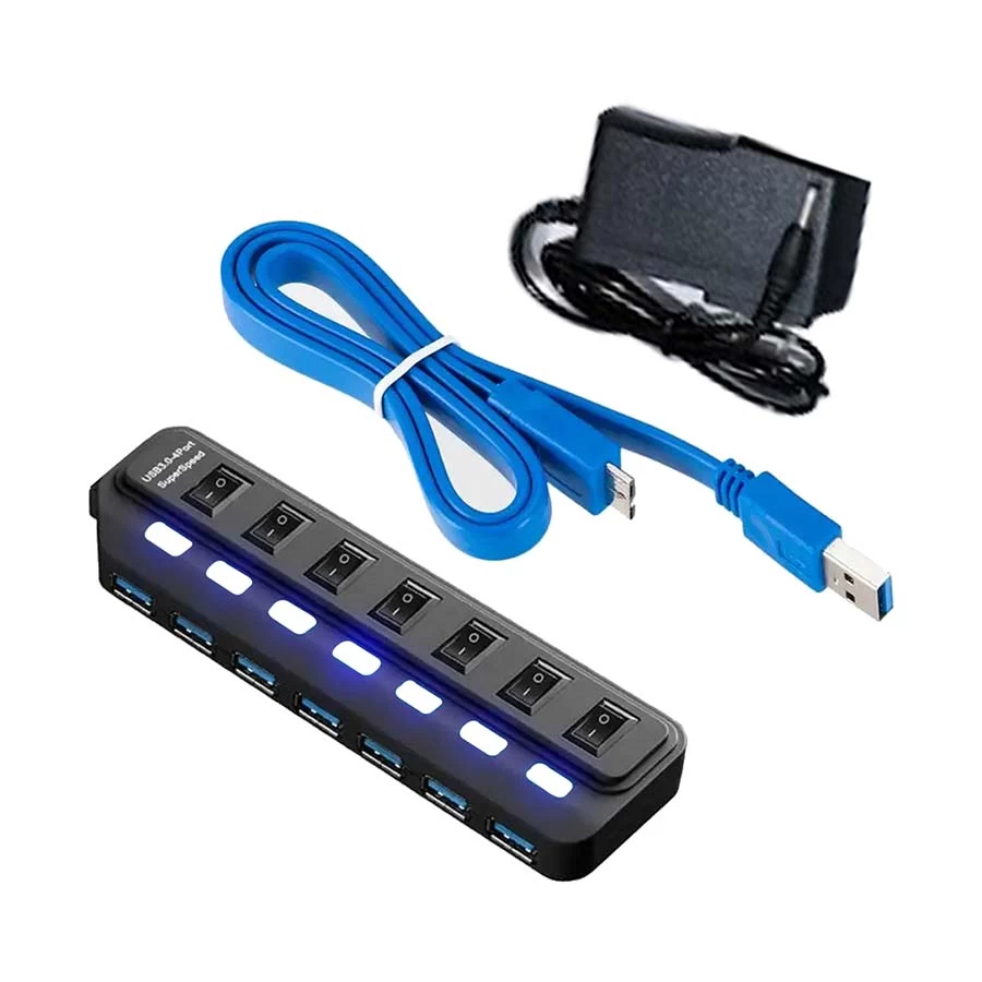Yuanxin X-3171 7 Port USB Hub with Switch and Power Adapter, Black