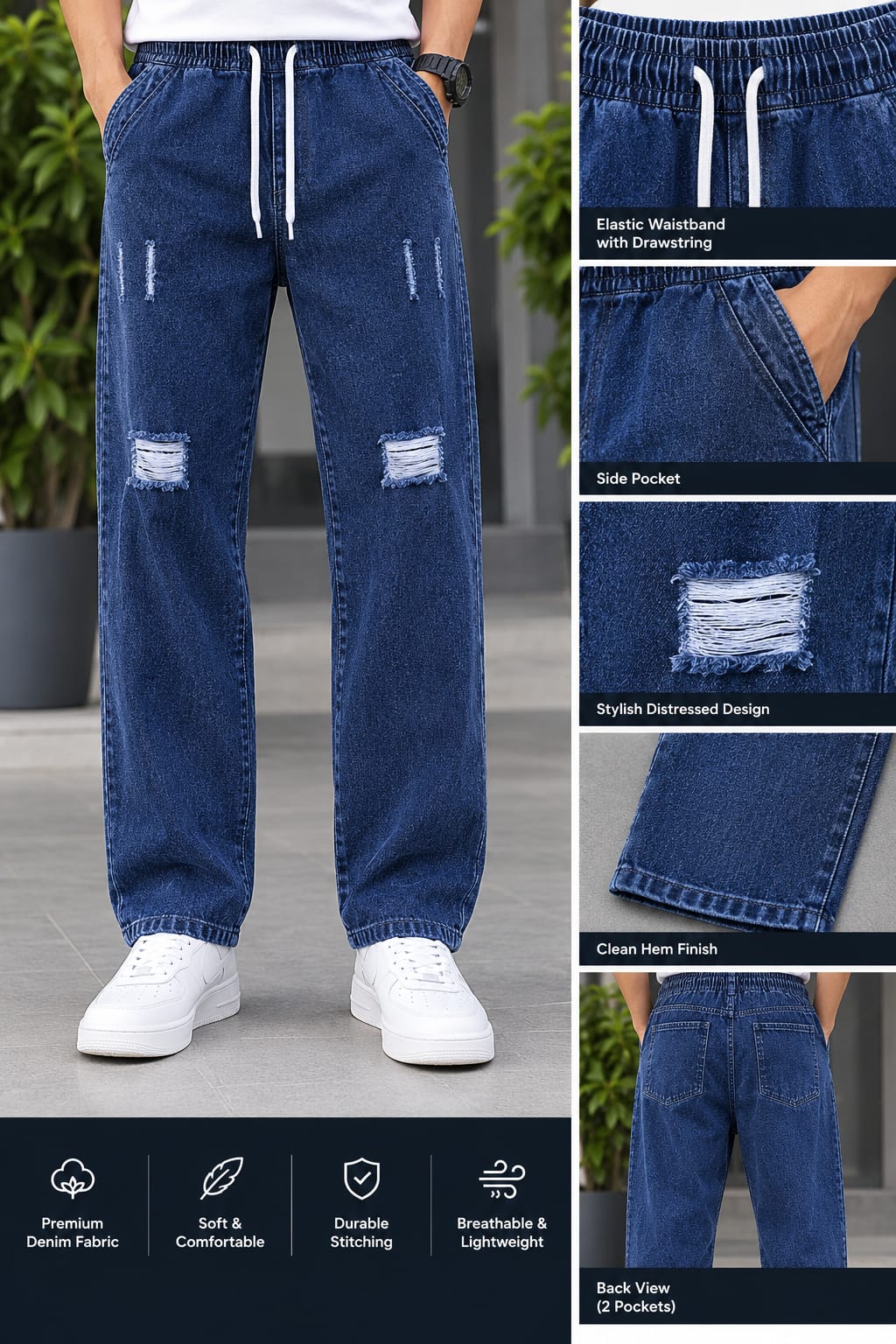 Men's Semi Baggy Cargo Denim Pant, 3 Colour Choices