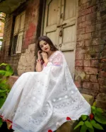 Boishakh Red Border White Half Silk Saree, 3 Colours