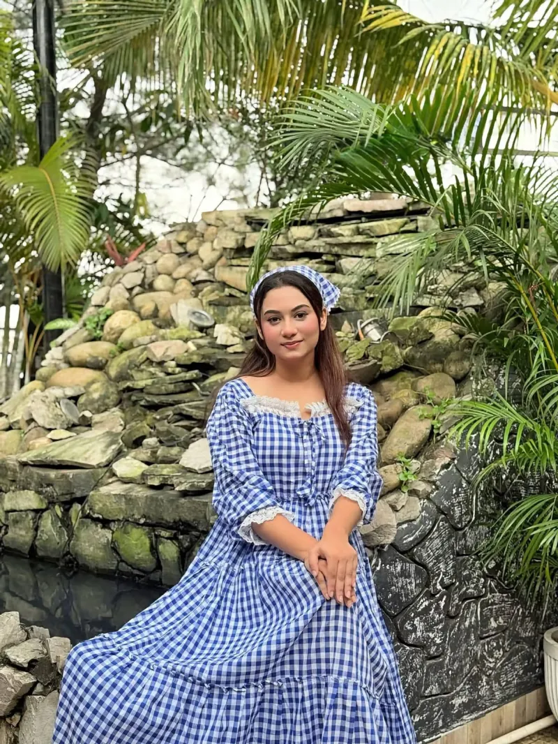 Women's Cotton Check Print Gown Kurti with Lace and Belt