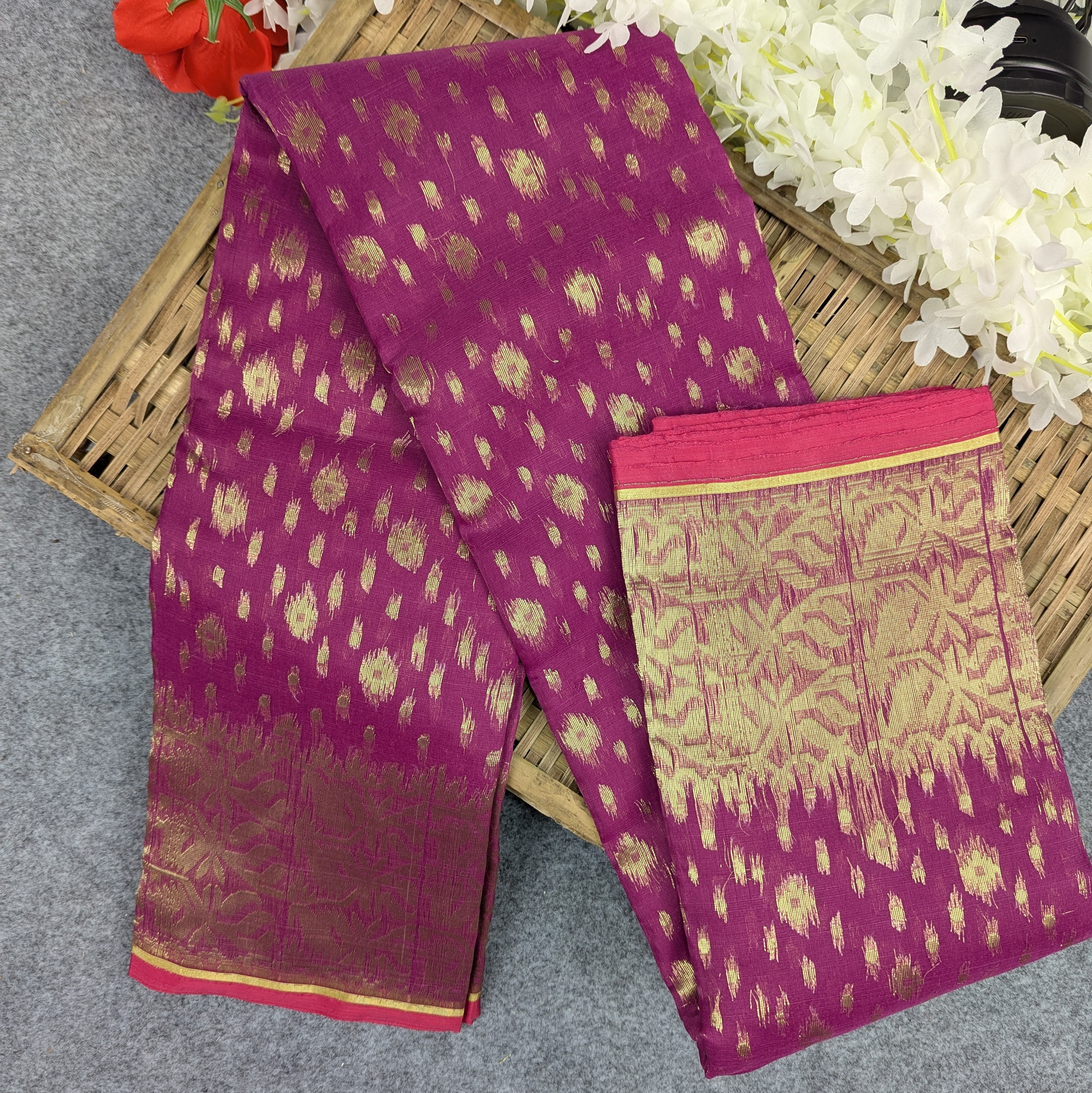 Premium Half Silk Jamdani Saree Combo Set - Purple