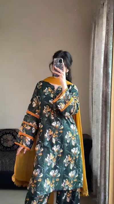 Women's Readymade Cotton Lace Three Piece with Chiffon Orna