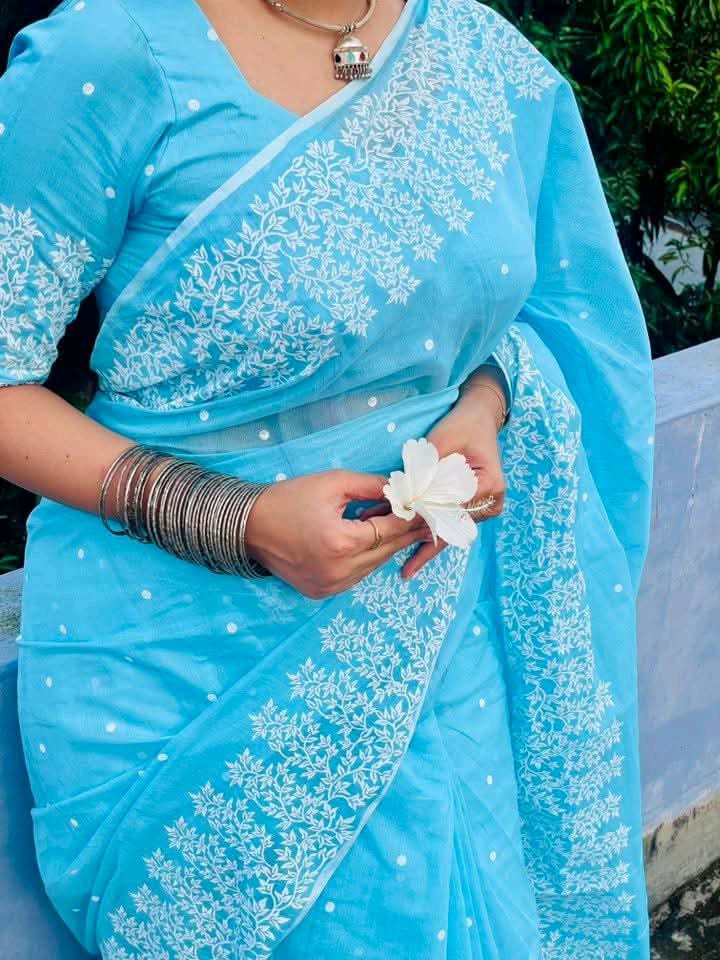 Half Silk Block Print Saree without Blouse Piece, 6 Colours