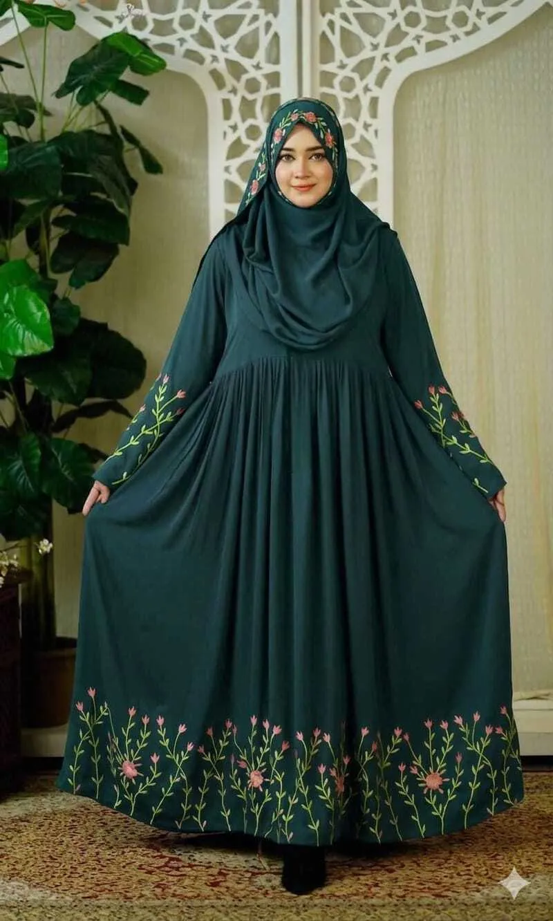 Rajanigandha Embroidered Borka with Hijab, Cherry Fabric