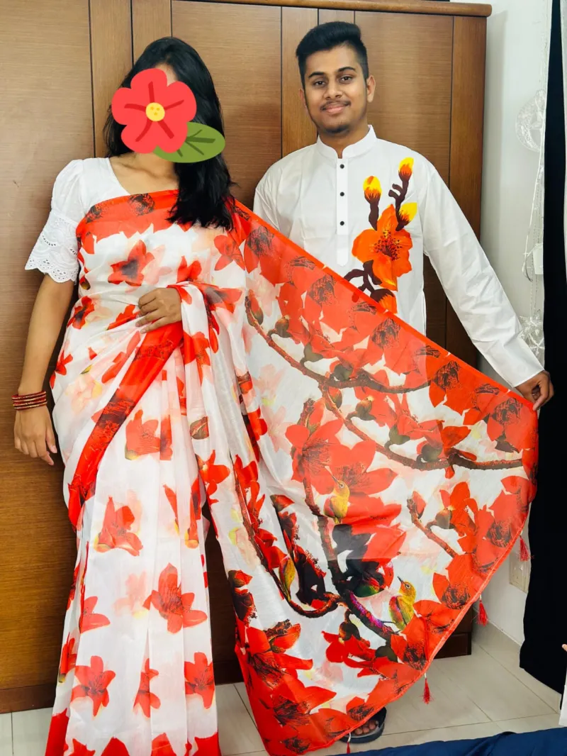 Hand Print Couple Dress, Chanderi Saree and Dhupian Panjabi